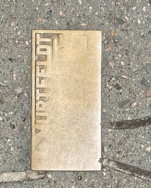 A medium gray sidewalk with dark and light inclusions--more light than dark. In the middle is a rectangular copper plate that has been worn down so much by people walking on it that the writing on it is almost totally illegible. What remains spells "urtfeldt".